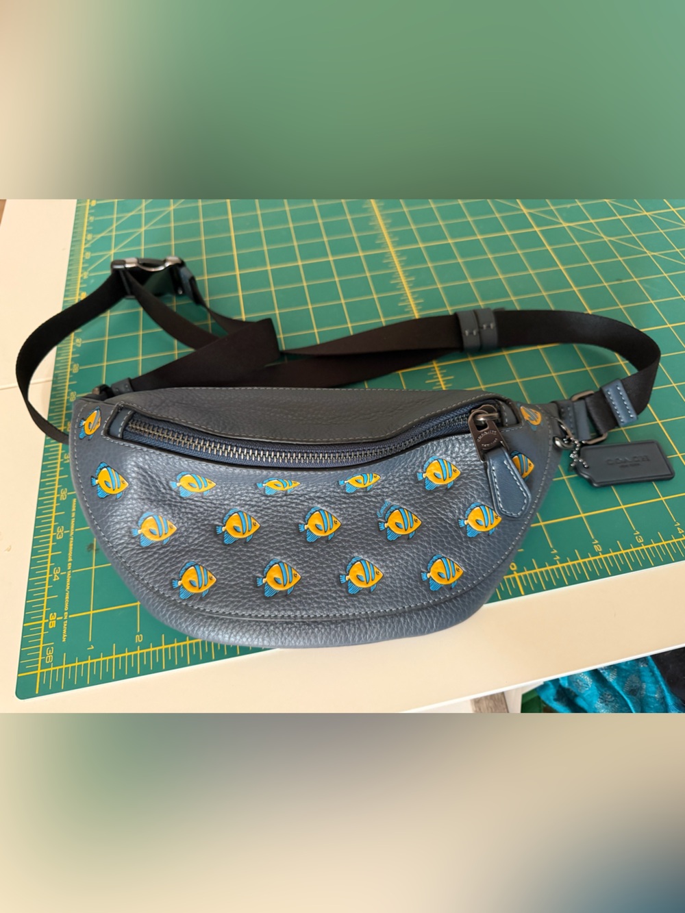 Like new Coach Blue Leather Belt Bag with Yellow & Light Blue Fish Motif
